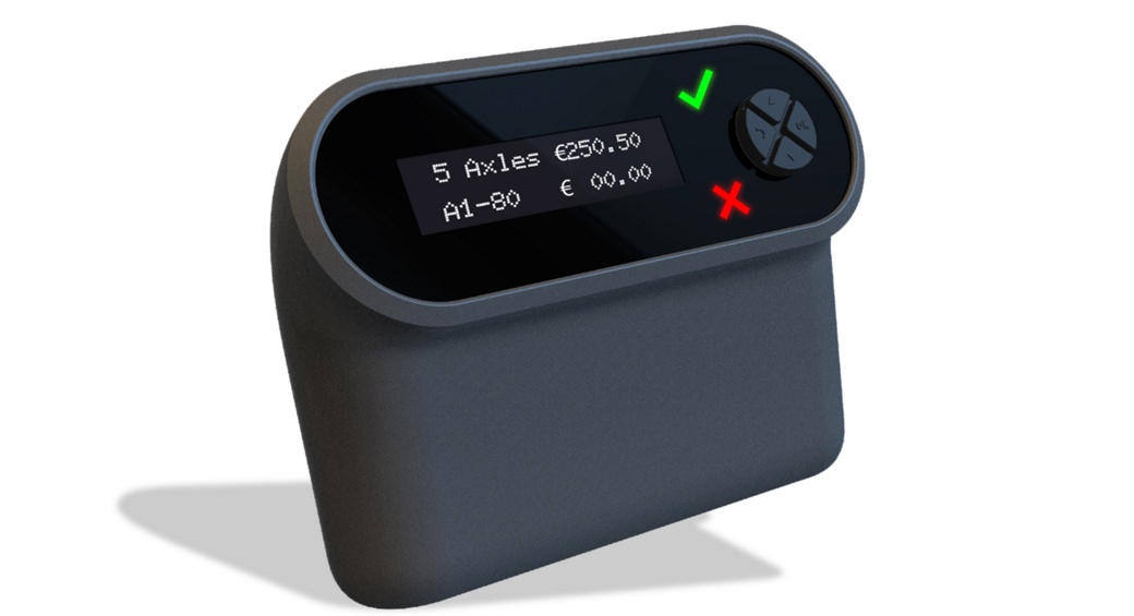 A black and grey electronic device with a small screen displaying "5 Axles €250.50" and "A1-80 €00.00". The screen shows a green checkmark and a red 'X' button. There are also four arrow buttons to the right below the screen.